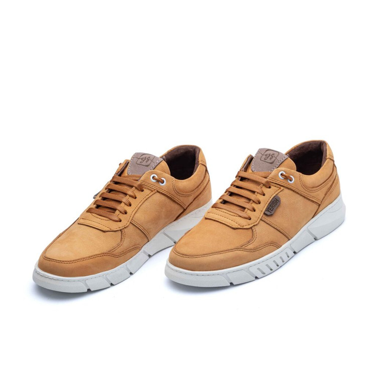 کفش اسپورت چرم تبریز مارلون نابوک بندی زیره لاستیک رنگ عسلی